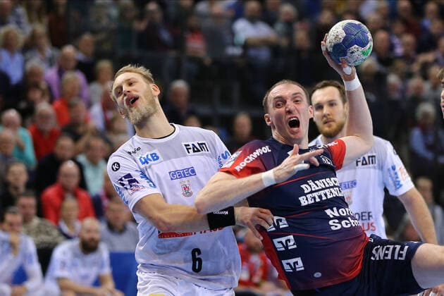 SG Flensburg Handewitt vs SC Magdeburg, LIQUI MOLY Handball Bundesliga, 02 02 2020 Flensburg Matthias Musche SC Magdeburg, 06 with Holger Glandorf SG Flensburg Handewitt, 09 Copyright: xBEAUTIFULxSPORTS MarioxM.xKobergx