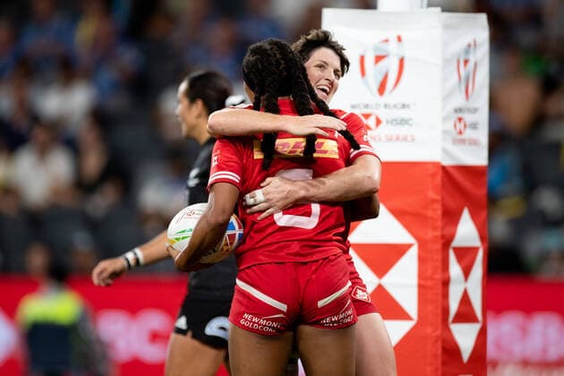 PARRAMATTA, NSW - FEBRUARY 02: Canada celebrate the try of Charity Williams during the Cup Final, Match 26 between New Zealand and Canada the HSBC Women s Sydney Sevens Rugby on February 02, 2020 at Bankwest Stadium in Sydney, Australia. (Photo by Speed Media Icon Sportswire) RUGBY: FEB 02 Women s Sydney Sevens Icon2002023668