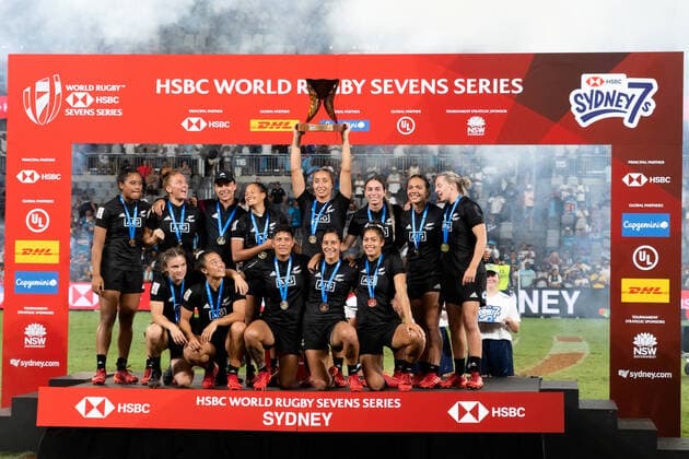 PARRAMATTA, NSW - FEBRUARY 02: New Zealand women celebrate winning the Cup Final, Match 26 between New Zealand and Canada the HSBC Women s Sydney Sevens Rugby on February 02, 2020 at Bankwest Stadium in Sydney, Australia. (Photo by Speed Media Icon Sportswire) RUGBY: FEB 02 Women s Sydney Sevens Icon2002024518