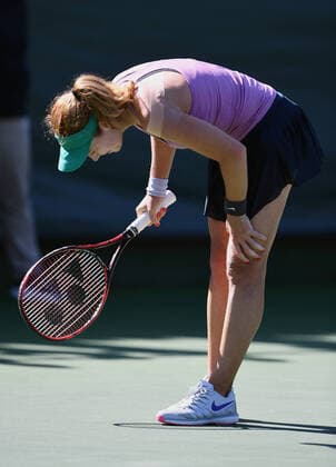 NEWPORT BEACH, CA - FEBRUARY 02: WTA, Tennis Damen tennis player Stefanie Voegele (SUI) reacts after losing a point in a finals match during the Oracle Challenger Series tennis tournament played on February 2, 2020 at the Newport Beach Tennis Club in Newport Beach, CA (Photo by John Cordes Icon Sportswire) TENNIS: FEB 02 Oracle Challenger Series Icon506200202010