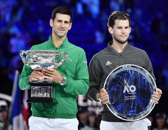 Tennis: Australian Open Novak Djokovic of Serbia (L) poses with Dominic Thiem of Austria after beating him in the Australian Open tennis final on Feb. 2, 2020, in Melbourne. 