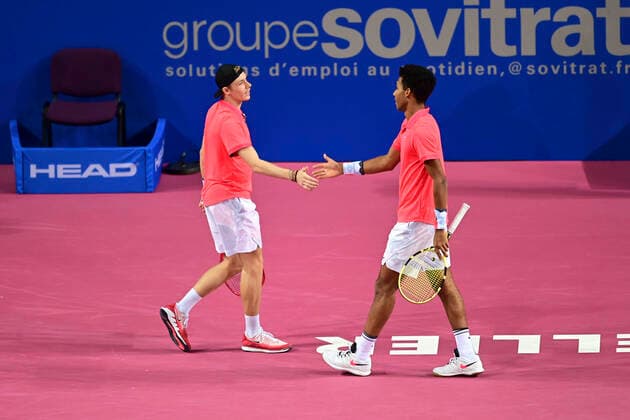 Denis Shapovalov (Can) Felix Auger Aliassime (Can) TENNIS : Open Sud de France 2020 - Montpellier - 03 02 2020 JBAutissier Panoramic 
