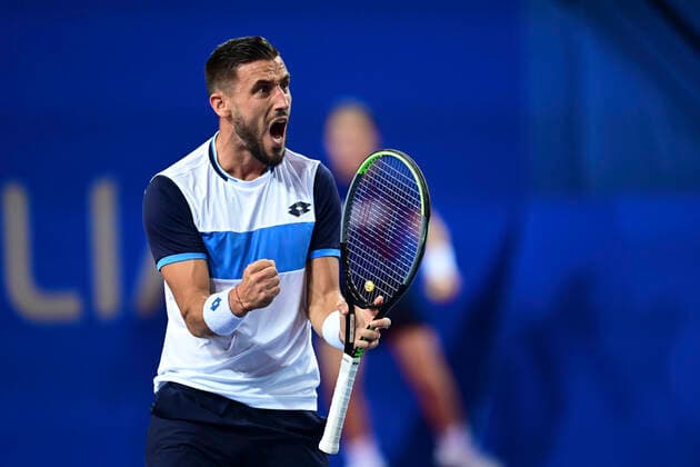 joie de Damir Dzumhur (Bih) TENNIS : Open Sud de France 2020 - Montpellier - 04 02 2020 JBAutissier Panoramic 