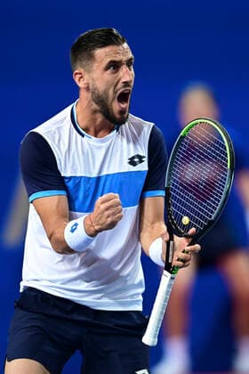 joie de Damir Dzumhur (Bih) TENNIS : Open Sud de France 2020 - Montpellier - 04 02 2020 JBAutissier Panoramic 