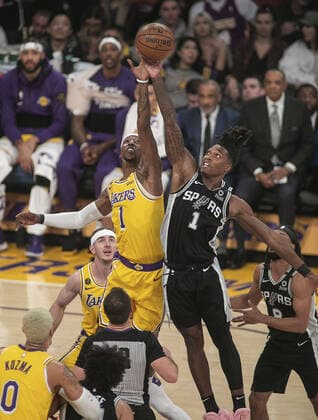 February 4, 2020, Los Angeles, California, USA: Kentavious Caldwell-Pope 1 of the Los Angeles Lakers battles for a jump ball with Lonnie Walker IV 1 of the San Antonio Spurs on Tuesday February 4, 2020 at the Staples Center in Los Angeles, California. Lakers defeat Spurs, 129-102. JAVIER ROJAS PI Lakers defeat Spurs, 129-102 - ZUMAp124 20200204_zaa_p124_002 Copyright: xJavierxRojasx