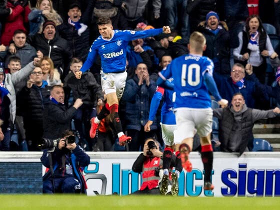 5th February 2020; Ibrox Stadium, Glasgow, Scotland; Scottish Premiership Football, Rangers versus Hibernian; Ianis Hagi of Rangers celebrates after scoring rangers second goal making it 2-1 to Rangers  ActionPlus12209858 AlanxRennie