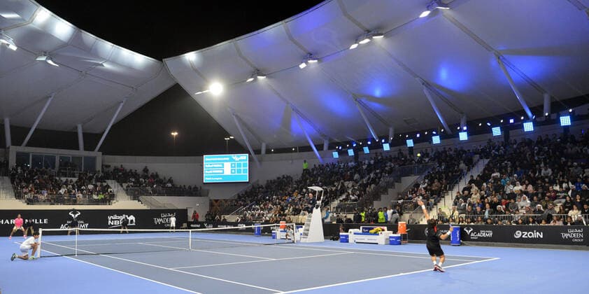(200206) -- KUWAIT, Feb. 6, 2020 -- Rafael Nadal (L) and David Ferrer(R) compete during an exhibition match between Rafael Nadal and David Ferrer at the opening ceremony of Rafa Nadal Academy in Hawalli Governorate, Kuwait, on Feb. 5, 2020. (Photo by Asad Xinhua) (SP)KUWAIT-HAWALLI GOVERNORATE-RAFA NADAL ACADEMY-OPENING NiexYunpeng 