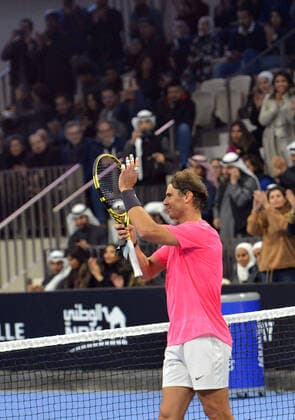 (200206) -- KUWAIT, Feb. 6, 2020 -- Rafael Nadal celebrates during an exhibition match between Rafael Nadal and David Ferrer at the opening ceremony of Rafa Nadal Academy in Hawalli Governorate, Kuwait, on Feb. 5, 2020. (Photo by Asad Xinhua) (SP)KUWAIT-HAWALLI GOVERNORATE-RAFA NADAL ACADEMY-OPENING NiexYunpeng 