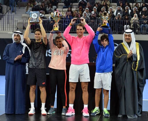Sport Bilder des Tages (200206) -- KUWAIT, Feb. 6, 2020 -- Rafael Nadal (3rd,R) and David Ferrer (2nd,L) pose for photos after an exhibition match between Rafael Nadal and David Ferrer at the opening ceremony of Rafa Nadal Academy in Hawalli Governorate, Kuwait, on Feb. 5, 2020. (Photo by Asad Xinhua) (SP)KUWAIT-HAWALLI GOVERNORATE-RAFA NADAL ACADEMY-OPENING NiexYunpeng 