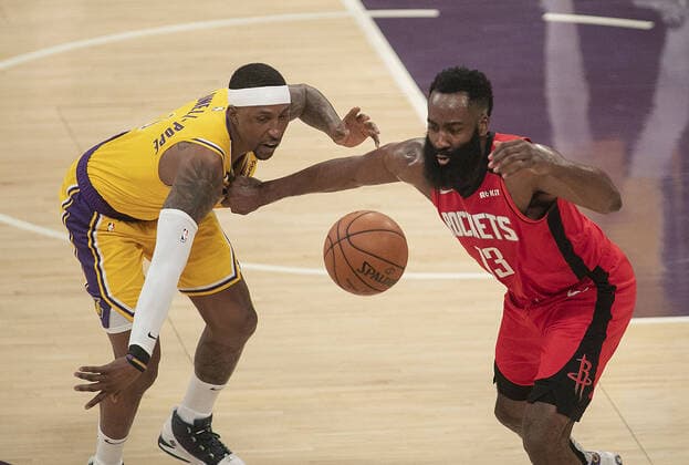 February 6, 2020, Los Angeles, California, USA: Kentavious Caldwell-Pope 1 of the Los Angeles Lakers battles for the ball with James Harden 13 of the Houston Rockets as he goes for a shot during their NBA, Basketball Herren, USA game on Thursday February 6, 2020 at the Staples Center in Los Angeles, California. Lakers lose to Rockets, 111-121. JAVIER ROJAS PI Lakers lose to Rockets, 111-121 - ZUMAp124 20200206_zaa_p124_023 Copyright: xJavierxRojasx