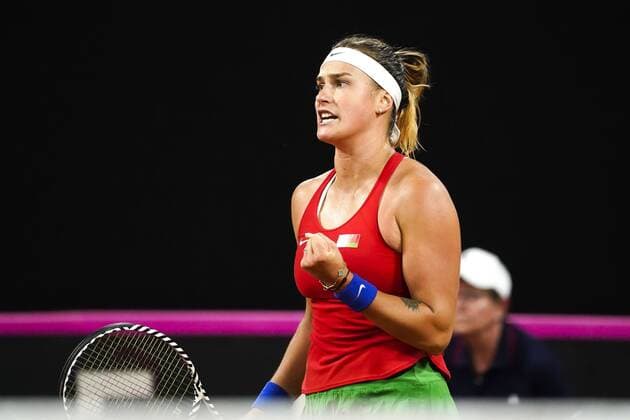 07-02-2020 TENNIS: FED CUP: NEDERLAND-WIT RUSLAND: DEN HAAG Aryna Sabalenka BLR wins her match against Arantxa Rus during Fed Cup Netherlands- Belarus on February, 7 2020 in Den Haag Netherlands. Photo by SCS Sander Chamid Fed cup Netherlands-Belarus xVIxANPxSportx xSoenarxChamidxsportfotografiexIVx 405902260