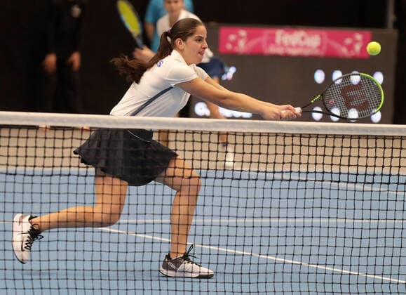 TENNIS - ITF Fed Cup TALLINN,ESTONIA,07.FEB.20 - TENNIS - ITF Fed Cup. Image shows Valentini Grammatikopoulou and Dimitra Pavlou (GRE). GEPAxpictures xWalterxLuger