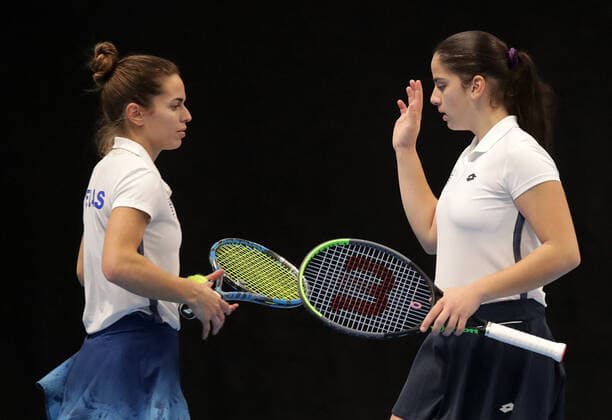 TENNIS - ITF Fed Cup TALLINN,ESTONIA,07.FEB.20 - TENNIS - ITF Fed Cup. Image shows Valentini Grammatikopoulou and Dimitra Pavlou (GRE). GEPAxpictures xWalterxLuger