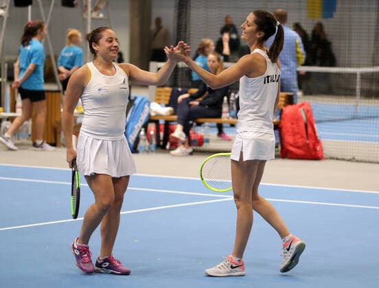 TENNIS - ITF Fed Cup TALLINN,ESTONIA,07.FEB.20 - TENNIS - ITF Fed Cup. Image shows Elisabetta Cocciaretto and Giulia Gatto-Monticone (ITA). GEPAxpictures xWalterxLuger