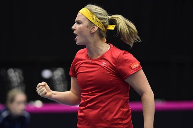 Belgian Ysaline Bonaventure celebrates at the second game between Belgian Bonaventure WTA, Tennis Damen 115) and Kazach Putinseva (WTA 34) on the first day of the Fed Cup Qualifiers first round between Belgium and Kazakhstan, Friday 07 February 2020 in Kortrijk. LAURIExDIEFFEMBACQ  x2470581x