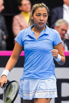Kazakh Zarina Diyas celebrates during the first game between Belgian Mertens WTA, Tennis Damen 19) and Kazach Diyas (WTA 63) on the first day of the Fed Cup Qualifiers first round between Belgium and Kazakhstan, Friday 07 February 2020 in Kortrijk. LAURIExDIEFFEMBACQ  x2470593x