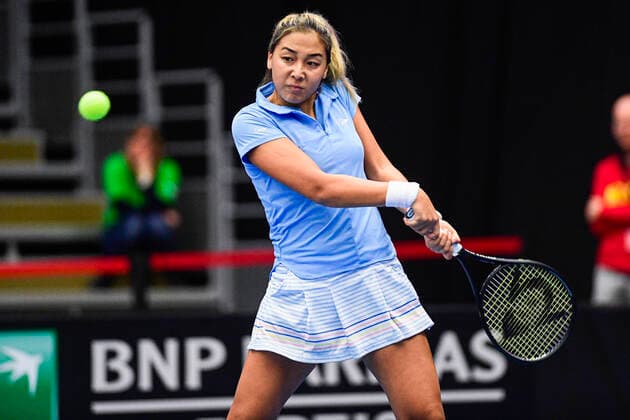 Kazakh Zarina Diyas pictured in action during the first game between Belgian Mertens WTA, Tennis Damen 19) and Kazach Diyas (WTA 63) on the first day of the Fed Cup Qualifiers first round between Belgium and Kazakhstan, Friday 07 February 2020 in Kortrijk. LAURIExDIEFFEMBACQ  x2470599x
