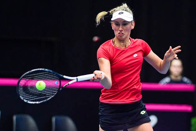 Belgian Elise Mertens pictured in action during the first game between Belgian Mertens WTA, Tennis Damen 19) and Kazach Diyas (WTA 63) on the first day of the Fed Cup Qualifiers first round between Belgium and Kazakhstan, Friday 07 February 2020 in Kortrijk. LAURIExDIEFFEMBACQ  x2470605x
