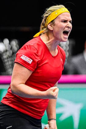 Belgian Ysaline Bonaventure celebrates during the second game between Belgian Bonaventure WTA, Tennis Damen 115) and Kazach Putinseva (WTA 34) on the first day of the Fed Cup Qualifiers first round between Belgium and Kazakhstan, Friday 07 February 2020 in Kortrijk. LAURIExDIEFFEMBACQ  x2470636x