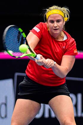 Belgian Ysaline Bonaventure pictured in action during the second game between Belgian Bonaventure WTA, Tennis Damen 115) and Kazach Putinseva (WTA 34) on the first day of the Fed Cup Qualifiers first round between Belgium and Kazakhstan, Friday 07 February 2020 in Kortrijk. LAURIExDIEFFEMBACQ  x2470642x
