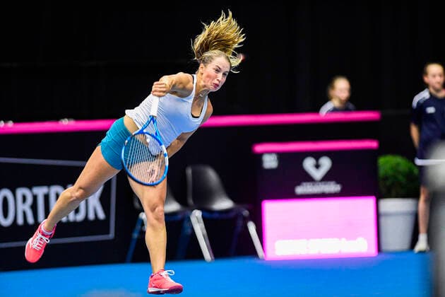 Kazakh Yulia Putintseva pictured in action during the second game between Belgian Bonaventure WTA, Tennis Damen 115) and Kazach Putinseva (WTA 34) on the first day of the Fed Cup Qualifiers first round between Belgium and Kazakhstan, Friday 07 February 2020 in Kortrijk. LAURIExDIEFFEMBACQ  x2470660x