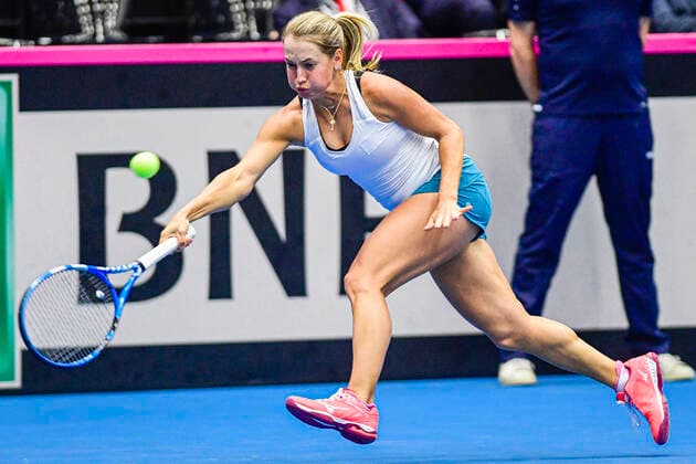 Kazakh Yulia Putintseva pictured in action during the second game between Belgian Bonaventure WTA, Tennis Damen 115) and Kazach Putinseva (WTA 34) on the first day of the Fed Cup Qualifiers first round between Belgium and Kazakhstan, Friday 07 February 2020 in Kortrijk. LAURIExDIEFFEMBACQ  x2470666x