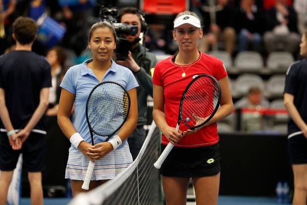 KORTRIJK, BELGIUM - FEBRUARY 6 : Elise MERTENS (Bel) between Zarina Diyas (Kaz) pictured during a first day of the Fed Cup Qualifiers game between Belgium against Kazakhstan on February 07, 2020 in Kortrijk, Belgium, 7 02 2020 TENNIS : Belgique Vs Kazakhstan - Qualifications Fed Cup - 07 02 2020 PhotoNews Panoramic 
