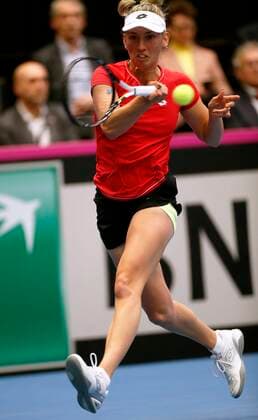 KORTRIJK, BELGIUM - FEBRUARY 6 : Elise MERTENS (Bel) between Zarina Diyas (Kaz) pictured during a first day of the Fed Cup Qualifiers game between Belgium against Kazakhstan on February 07, 2020 in Kortrijk, Belgium, 7 02 2020 TENNIS : Belgique Vs Kazakhstan - Qualifications Fed Cup - 07 02 2020 PhotoNews Panoramic 