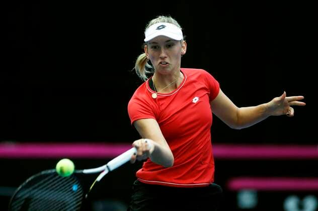 KORTRIJK, BELGIUM - FEBRUARY 6 : Elise MERTENS (Bel) between Zarina Diyas (Kaz) pictured during a first day of the Fed Cup Qualifiers game between Belgium against Kazakhstan on February 07, 2020 in Kortrijk, Belgium, 7 02 2020 TENNIS : Belgique Vs Kazakhstan - Qualifications Fed Cup - 07 02 2020 PhotoNews Panoramic 