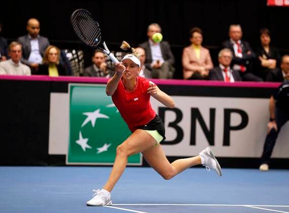 KORTRIJK, BELGIUM - FEBRUARY 6 : Elise MERTENS (Bel) between Zarina Diyas (Kaz) pictured during a first day of the Fed Cup Qualifiers game between Belgium against Kazakhstan on February 07, 2020 in Kortrijk, Belgium, 7 02 2020 TENNIS : Belgique Vs Kazakhstan - Qualifications Fed Cup - 07 02 2020 PhotoNews Panoramic 