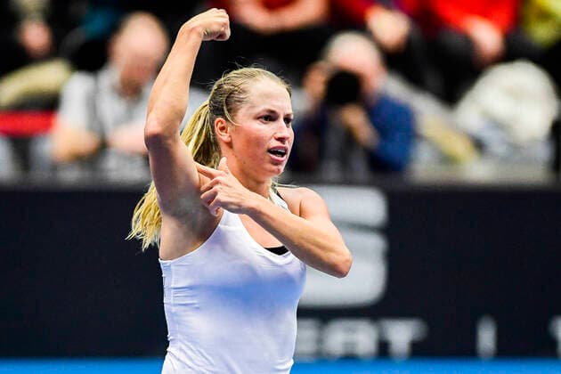 Kazakh Yulia Putintseva celebrates after winning the second game between Belgian Bonaventure WTA, Tennis Damen 115) and Kazach Putinseva (WTA 34) on the first day of the Fed Cup Qualifiers first round between Belgium and Kazakhstan, Friday 07 February 2020 in Kortrijk. LAURIExDIEFFEMBACQ  x2470821x