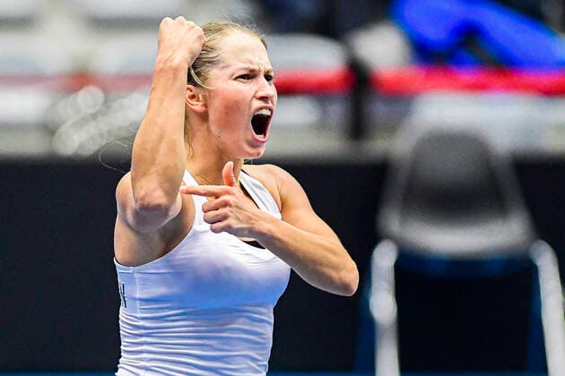Sport Bilder des Tages Kazakh Yulia Putintseva celebrates after winning the second game between Belgian Bonaventure WTA, Tennis Damen 115) and Kazach Putinseva (WTA 34) on the first day of the Fed Cup Qualifiers first round between Belgium and Kazakhstan, Friday 07 February 2020 in Kortrijk. LAURIExDIEFFEMBACQ  x2470839x
