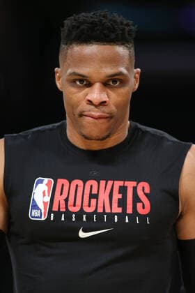 LOS ANGELES, CA - FEBRUARY 06: Houston Rockets guard Russell Westbrook (0) before the Houston Rockets vs Los Angeles Lakers game on February 06, 2020, at Staples Center in Los Angeles, CA. (Photo by Jevone Moore Icon Sportswire) NBA, Basketball Herren, USA FEB 06 Rockets at Lakers Icon20020616