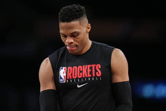 LOS ANGELES, CA - FEBRUARY 06: Houston Rockets guard Russell Westbrook (0) licks his lips before the Houston Rockets vs Los Angeles Lakers game on February 06, 2020, at Staples Center in Los Angeles, CA. (Photo by Jevone Moore Icon Sportswire) NBA, Basketball Herren, USA FEB 06 Rockets at Lakers Icon20020618