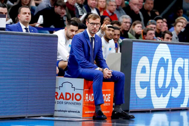 19 Matchday of the easyCredit BBL Basketball Bundesliga in the Oberfrankenhalle in Bayreuth Season 2019 2020 Medi Bayreuth against Mitteldeutscher BC Mitteldeutscher BC Trainer Björn Harmsen