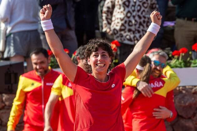 FedCup Spanish team member Carla Suarez celebrates after defeating Japanese Kurumi Nara in their FedCup Qualifiers round s match at La Manga tennis club, in Murcia, southeastern Spain, 08 February 2020. The FedCup round runs from 7 to 8 February. Spain vs. Japan !ACHTUNG: NUR REDAKTIONELLE NUTZUNG!  Copyright: xMarcialxGuillénx GRAF6805 20200208-637167654610655326