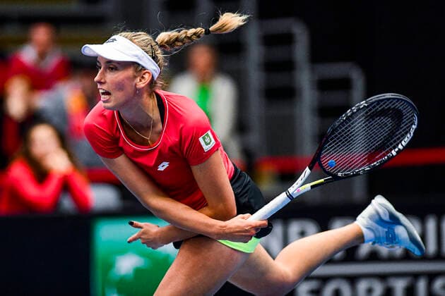 Belgian Elise Mertens pictured in action during the third game between Belgian Mertens WTA, Tennis Damen 19) and Kazach Putinseva (WTA 34) on the second day of the Fed Cup Qualifiers first round between Belgium and Kazakhstan, Saturday 08 February 2020 in Kortrijk. LAURIExDIEFFEMBACQ  x2471027x