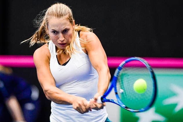 Kazakh Yulia Putintseva pictured in action during the third game between Belgian Mertens WTA, Tennis Damen 19) and Kazach Putinseva (WTA 34) on the second day of the Fed Cup Qualifiers first round between Belgium and Kazakhstan, Saturday 08 February 2020 in Kortrijk. LAURIExDIEFFEMBACQ  x2471033x