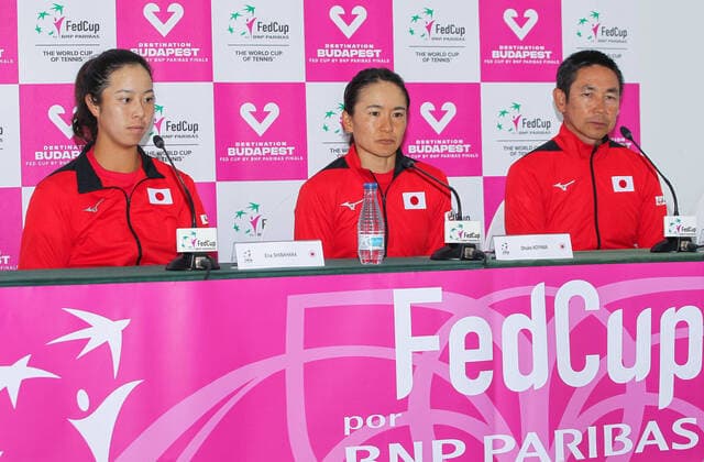 February 8, 2020, Cartagena, MURCIA, SPAIN: CARTAGENA, SPAIN - FEBRUARY 8: Ena Shibahara, Shuko Aoyama and Toshihisa Tsuchihashi of Japan in press conference, PK, Pressekonferenz during Fed Cup tennis played between Spain and Japan at La Manga Club on February 8, 2020 in Cartagena, Murcia, Spain. Tennis: Fed Cup - Spain v Japan, day 2 - ZUMAa181 20200208_zaa_a181_040 Copyright: xAFP7x