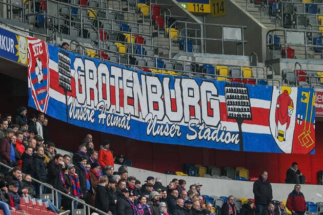 Fanbanner in the fanblock of KFC Uerdingen with the inscription Grotenburg Unsere Heimat Unser Stadion , Fussball 3 Liga Saison 2019 2020 KFC Uerdingen vs FC Sonnenhof Großaspach, Düsseldorf, Merkur Spiel Arena, 08 02 2020, DFB regulations prohibit any use of photographs as image sequences and or quasi video Düsseldorf Merkur Spiel Arena Nordrhein Westfalen Germany