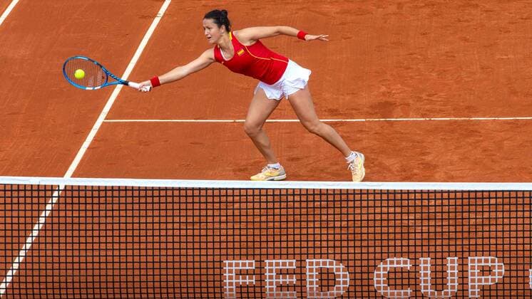 FedCup Spanish team member Lara Arrubarrena hits the ball during her doubles match with teammate Aliona Bolsova against FedCup Japanese team members Ena Shibahara and Shuko Aoyama during their FedCup Qualifiers doubles round match at La Manga tennis club, in Murcia, southeastern Spain, 08 February 2020. The FedCup round runs from 7 to 8 February. Spain vs Japan !ACHTUNG: NUR REDAKTIONELLE NUTZUNG!  Copyright: xMarcialxGuillénx GRAF6949 20200208-637167780587293954