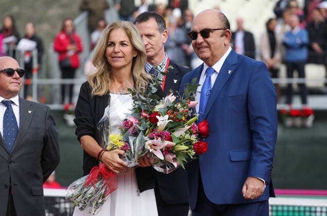 February 8, 2020, Cartagena, MURCIA, SPAIN: CARTAGENA, SPAIN - FEBRUARY 8: Arantxa Sanchez Vicario receiving the Commitment Award during Fed Cup tennis played between Spain and Japan at La Manga Club on February 8, 2020 in Cartagena, Murcia, Spain. Tennis: Fed Cup - Spain v Japan, day 2 - ZUMAa181 20200208_zaa_a181_060 Copyright: xAFP7x