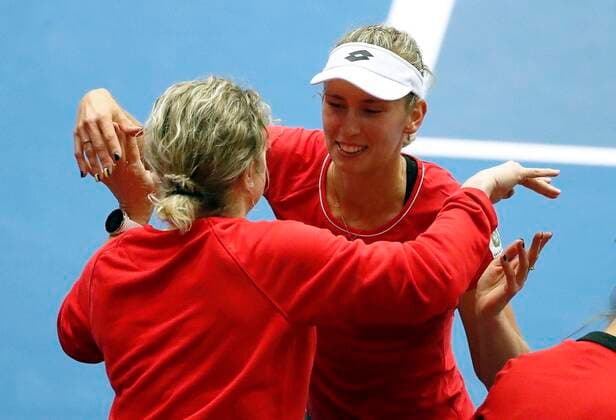 KORTRIJK, BELGIUM - FEBRUARY 8 :Kim Clijsters - Elise MERTENS (Bel) between Yulia Putintseva(Kaz) ,pictured during a second day of the Fed Cup Qualifiers game between Belgium against Kazakhstan on February 08, 2020 in Kortrijk, Belgium, 8 02 2020 TENNIS : Belgium Vs Kazakhstan - Fed Cup Qualifiers - 08 02 2020 PhotoNews Panoramic 