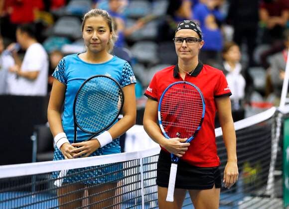 KORTRIJK, BELGIUM - FEBRUARY 8 : Kirsten Flipkens (Bel) between Zarina Diyas (Kaz) pictured during a second day of the Fed Cup Qualifiers game between Belgium against Kazakhstan on February 08, 2020 in Kortrijk, Belgium, 8 02 2020 TENNIS : Belgium Vs Kazakhstan - Fed Cup Qualifiers - 08 02 2020 PhotoNews Panoramic 