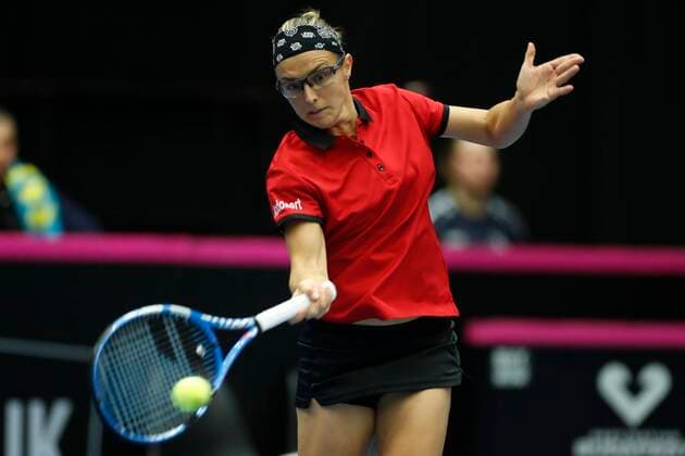 KORTRIJK, BELGIUM - FEBRUARY 8 : Kirsten Flipkens (Bel) between Zarina Diyas (Kaz) pictured during a second day of the Fed Cup Qualifiers game between Belgium against Kazakhstan on February 08, 2020 in Kortrijk, Belgium, 8 02 2020 TENNIS : Belgium Vs Kazakhstan - Fed Cup Qualifiers - 08 02 2020 PhotoNews Panoramic 