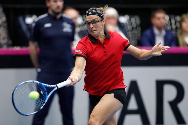 KORTRIJK, BELGIUM - FEBRUARY 8 : Kirsten Flipkens (Bel) between Zarina Diyas (Kaz) pictured during a second day of the Fed Cup Qualifiers game between Belgium against Kazakhstan on February 08, 2020 in Kortrijk, Belgium, 8 02 2020 TENNIS : Belgium Vs Kazakhstan - Fed Cup Qualifiers - 08 02 2020 PhotoNews Panoramic 