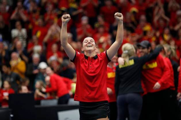 KORTRIJK, BELGIUM - FEBRUARY 8 Belgian team celebrates - Kirsten Flipkens (Bel) between Zarina Diyas (Kaz) pictured during a second day of the Fed Cup Qualifiers game between Belgium against Kazakhstan on February 08, 2020 in Kortrijk, Belgium, 8 02 2020 TENNIS : Belgium Vs Kazakhstan - Fed Cup Qualifiers - 08 02 2020 PhotoNews Panoramic 