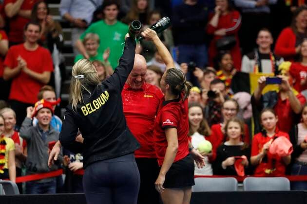 KORTRIJK, BELGIUM - FEBRUARY 8 Elise MERTENS, Greet MINNEN, Kirsten FLIPKENS and Ysaline BONAVENTURE, Johan VAN HERCK belgian captain - Belgian team celebrates - Kirsten Flipkens (Bel) between Zarina Diyas (Kaz) pictured during a second day of the Fed Cup Qualifiers game between Belgium against Kazakhstan on February 08, 2020 in Kortrijk, Belgium, 8 02 2020 TENNIS : Belgium Vs Kazakhstan - Fed Cup Qualifiers - 08 02 2020 PhotoNews Panoramic 