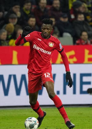 Football, 1 BL season 2019 2020 , Bayer 04 Leverkusen vs. Borussia Dortmund ,08 02 2020, Bayarena Leverkusen, Edmond Tapsoba Bayer 04 Leverkusen, action single picture,