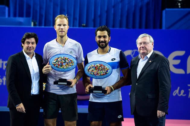 Dominic Inglot (Bgr) Aisam UI Haq Qureshi (Pak) Sebastien Grosjean - directeur du Tournoi Open Sud de France Pierre Douymayrou - President de la ligue Occitanie TENNIS : Open Sud de France 2020 - Finale Double - Montpellier - 09 02 2020 JBAutissier Panoramic 